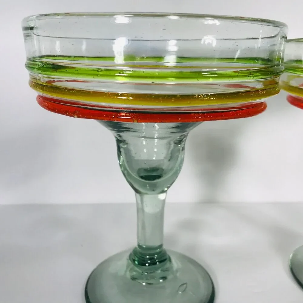 Handblown 2 Mexican Margarita Glasses Raised Striped Cocktail Bar Bubbles